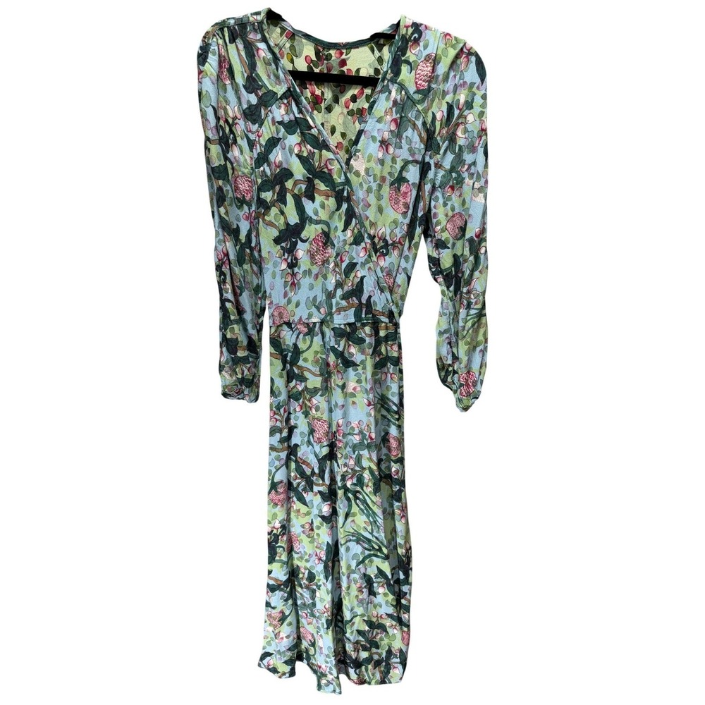 Botanical Wrap Midi Dress Womens Small Floral Long Sleeve Crepe Reversible Crepe